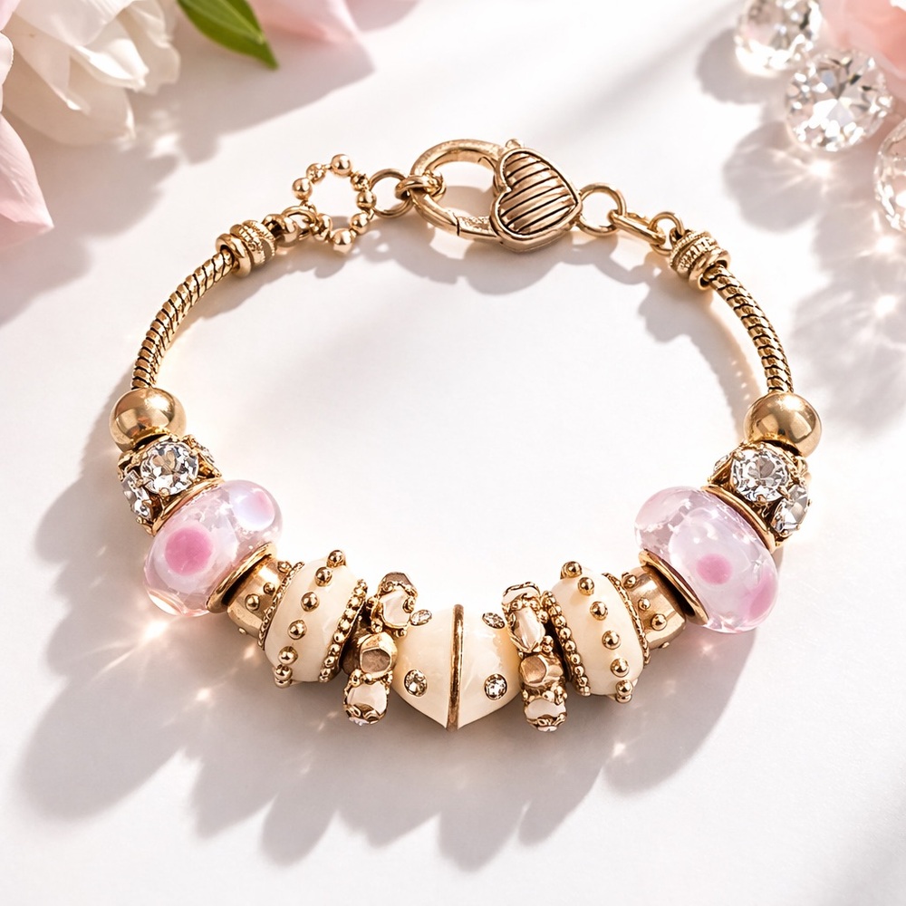 Elegant Gold and Pink Charm Bracelet